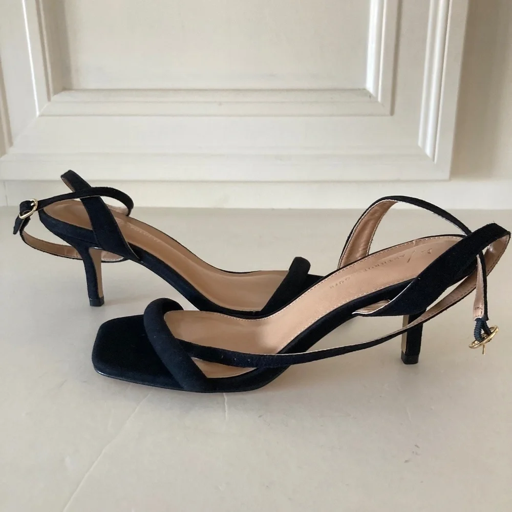 Anthropologie Square Toe Ankle Strap Black Suede Heels Sz 37